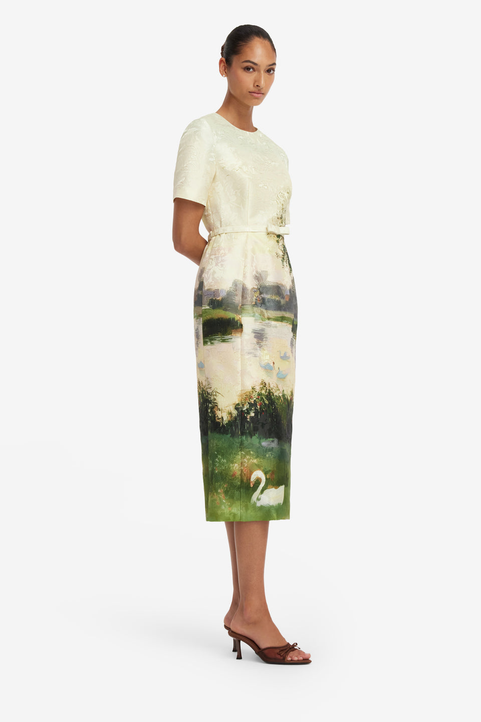 Elizabeth Jacquard Short Sleeve Midi Dress  - Serene Print Dress Midi