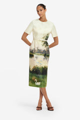 Elizabeth Jacquard Short Sleeve Midi Dress  - Serene Print Dress Midi