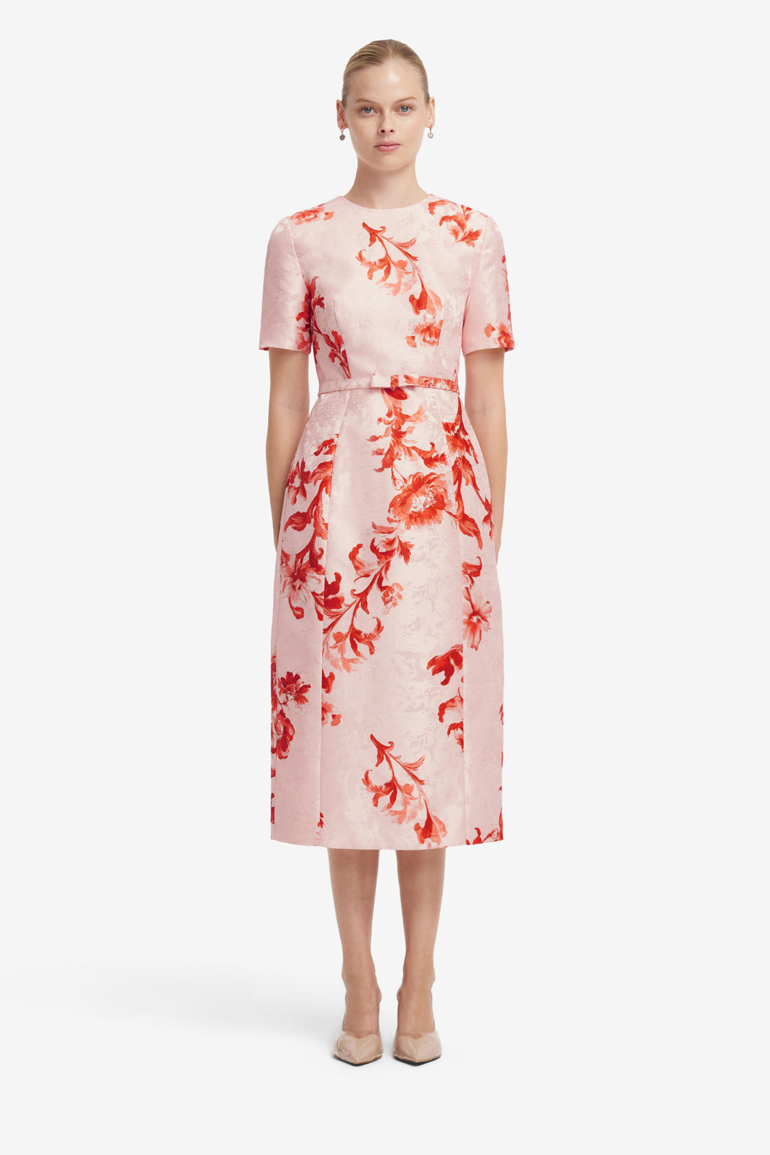 Elizabeth Jacquard Short Sleeve Midi Dress  - Magnolia Print Dress Midi