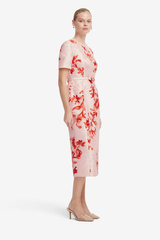 Elizabeth Jacquard Short Sleeve Midi Dress  - Magnolia Print Dress Midi