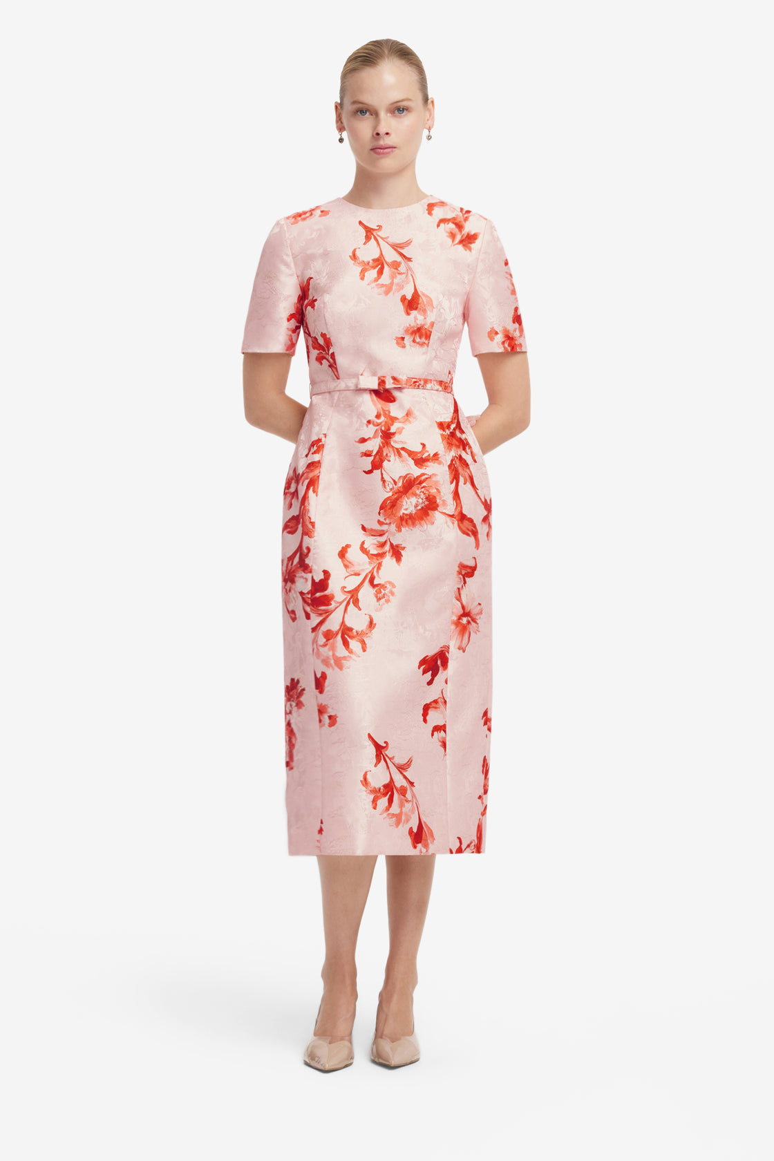Elizabeth Jacquard Short Sleeve Midi Dress  - Magnolia Print Dress Midi