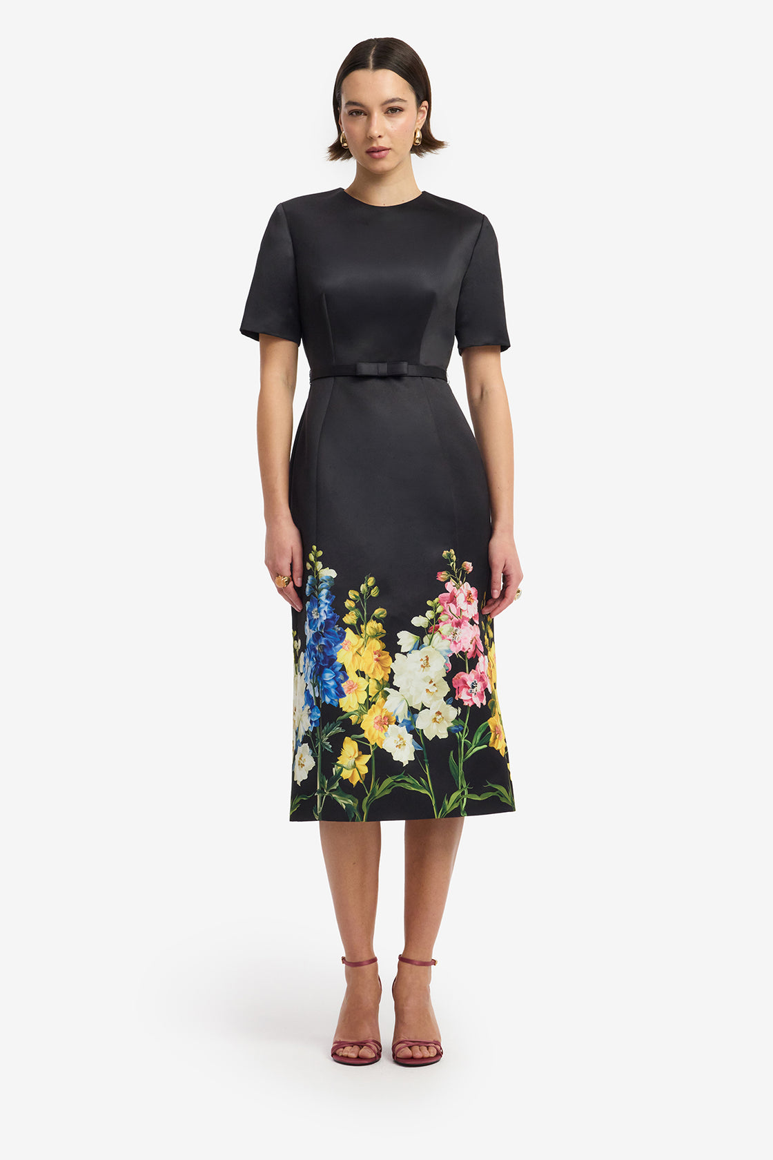 Elizabeth Short Sleeve Midi Dress - Snapdragon Print in Ebony Dress Midi
