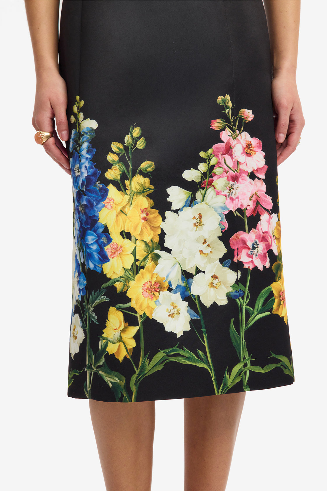 Elizabeth Short Sleeve Midi Dress - Snapdragon Print in Ebony Dress Midi