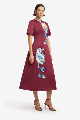 Caroline Embroidered Short Sleeve Midi Dress - Cosmos Print Dress Midi