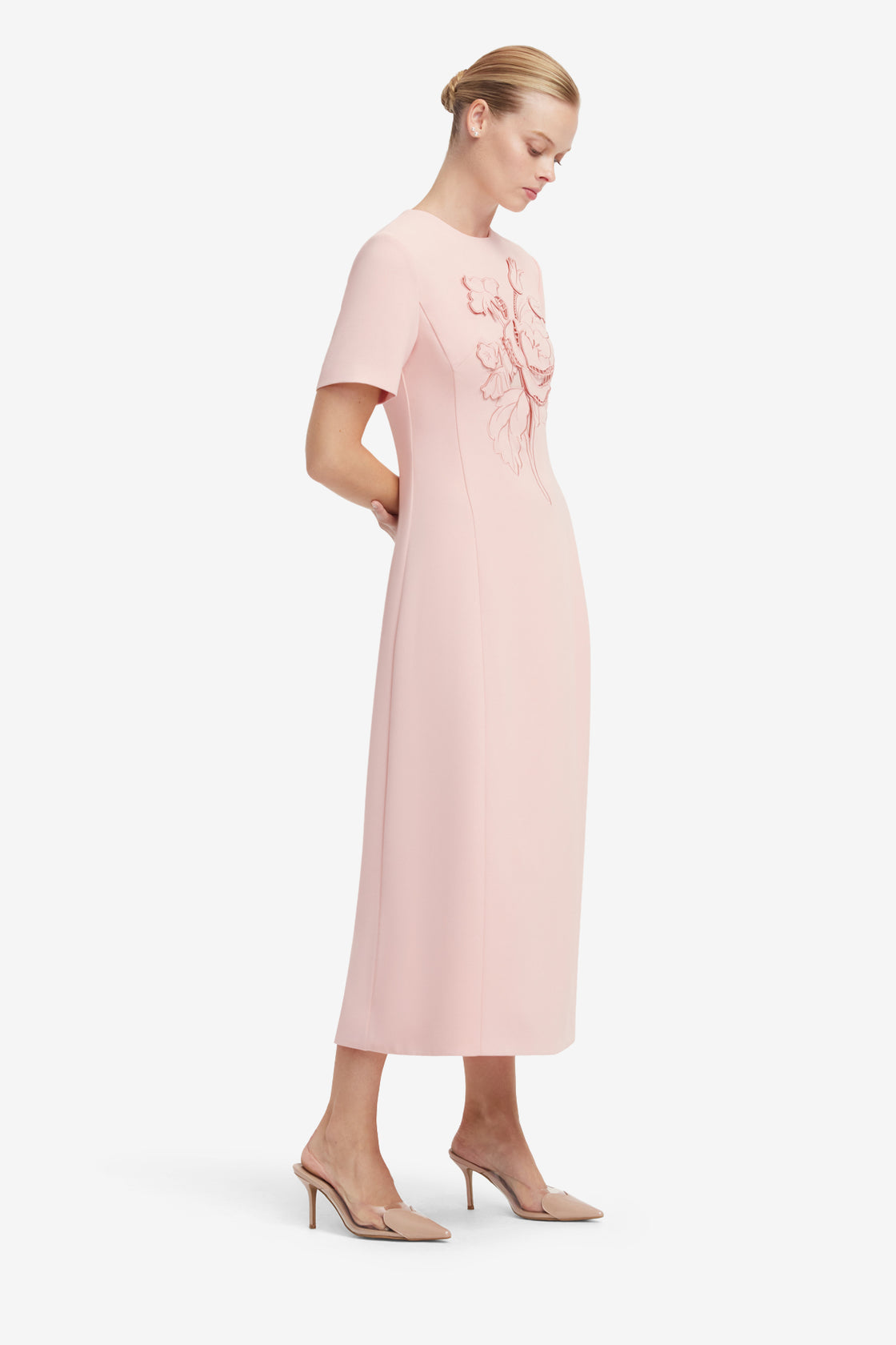 Caroline Applique Short Sleeve Midi Dress - Dusty Pink Dress Midi