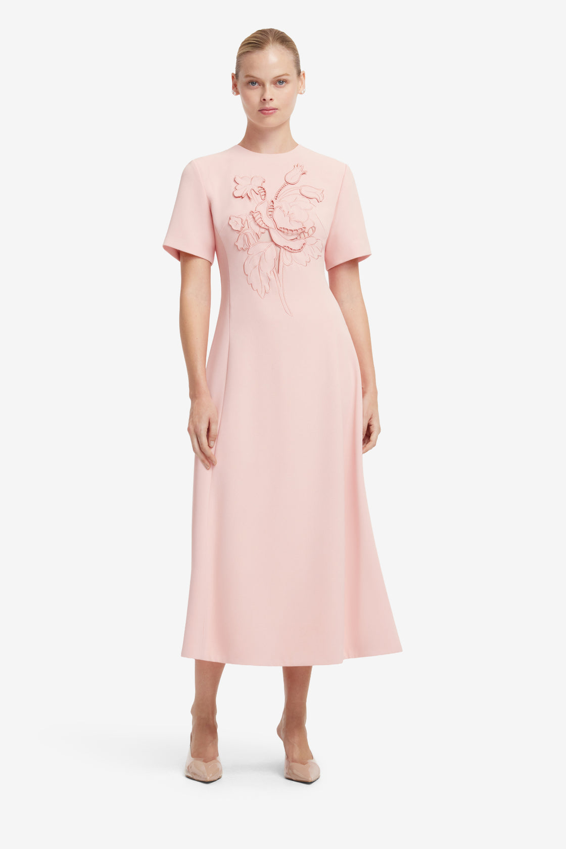 Caroline Applique Short Sleeve Midi Dress - Dusty Pink Dress Midi