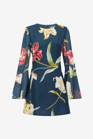 Suzanne Bell Sleeve Mini Dress - Lily Print in Indigo Dress Mini