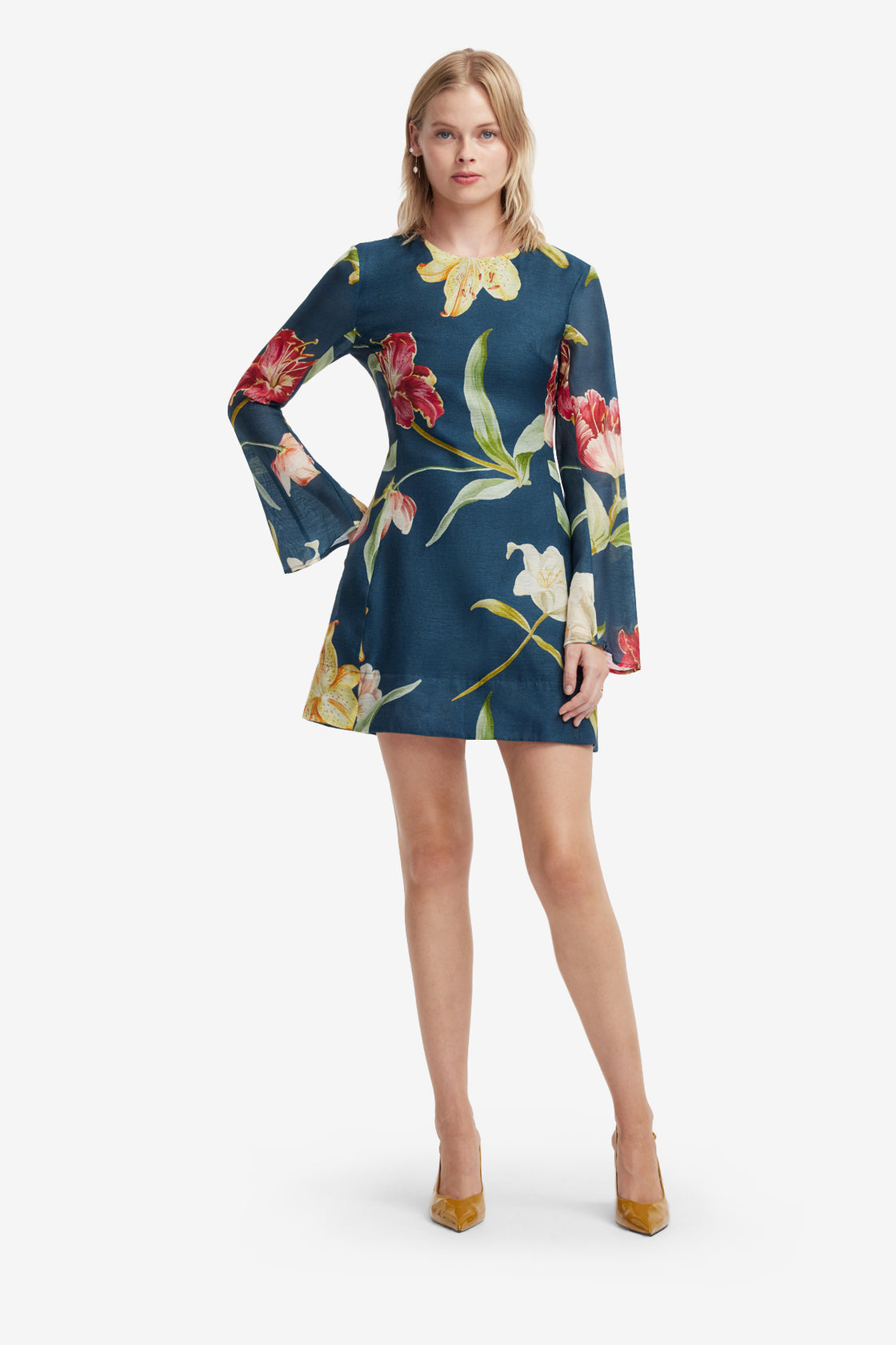 Suzanne Bell Sleeve Mini Dress - Lily Print in Indigo Dress Mini
