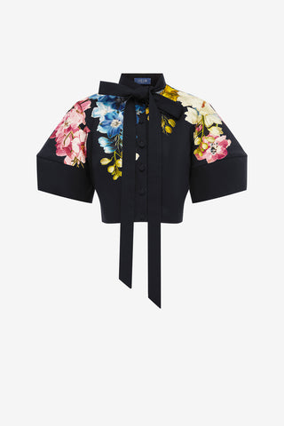 Molly Puff Sleeve Top - Snapdragon Print in Ebony Tops