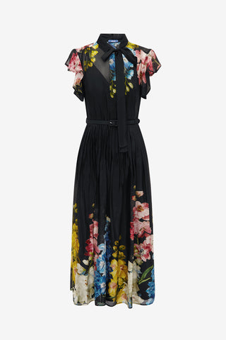 Grace Flutter Sleeve Midi Dress - Snapdragon Print in Ebony Dress Midi