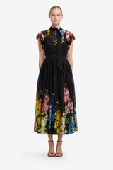 Grace Flutter Sleeve Midi Dress - Snapdragon Print in Ebony Dress Midi