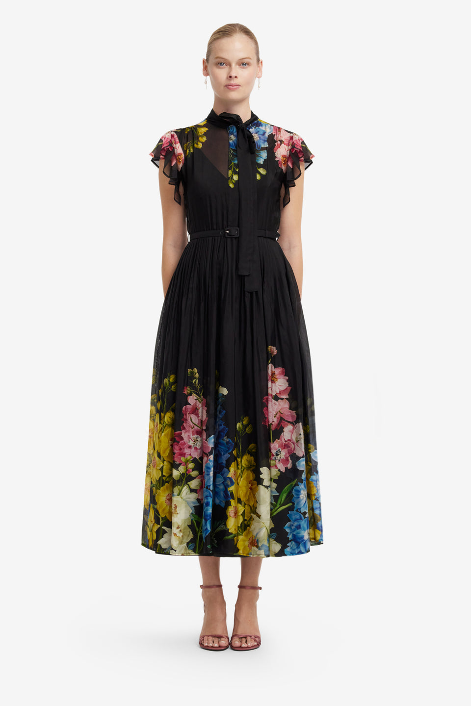 Grace Flutter Sleeve Midi Dress - Snapdragon Print in Ebony Dress Midi