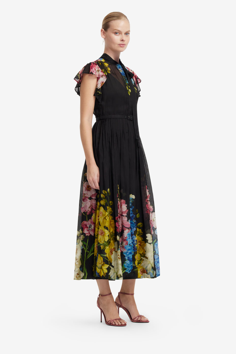 Grace Flutter Sleeve Midi Dress - Snapdragon Print in Ebony Dress Midi