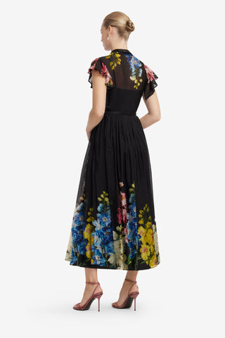 Grace Flutter Sleeve Midi Dress - Snapdragon Print in Ebony Dress Midi