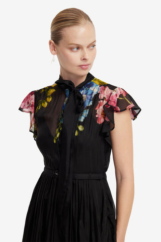 Grace Flutter Sleeve Midi Dress - Snapdragon Print in Ebony Dress Midi