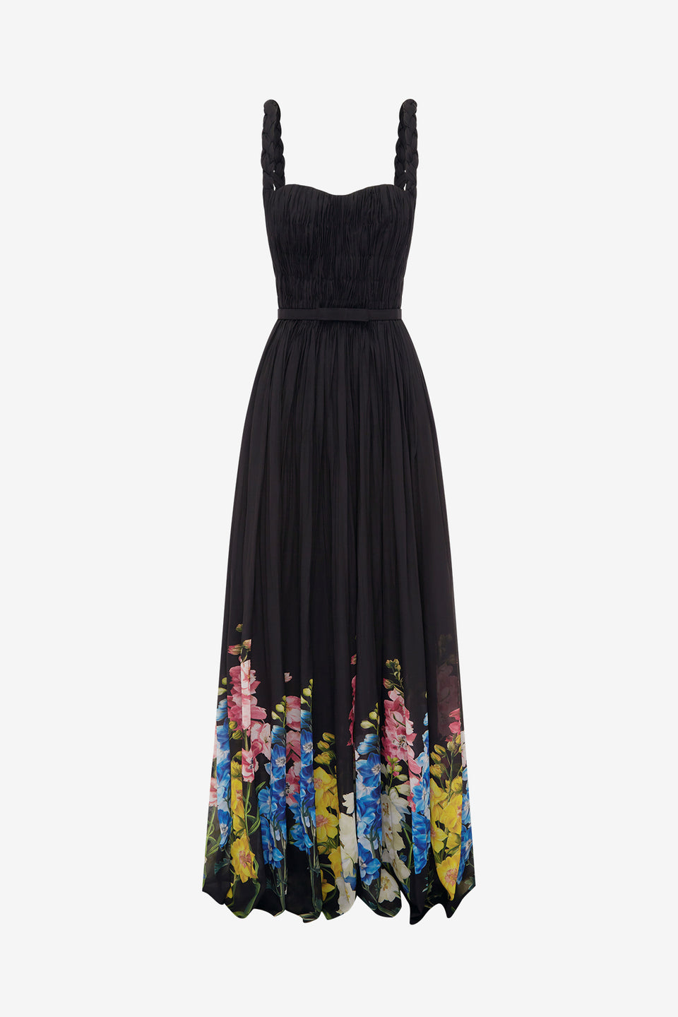 Angelina Ruffled Floor Length Dress - Snapdragon Print in Ebony Dress Maxi