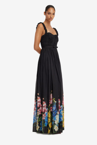 Angelina Ruffled Floor Length Dress - Snapdragon Print in Ebony Dress Maxi