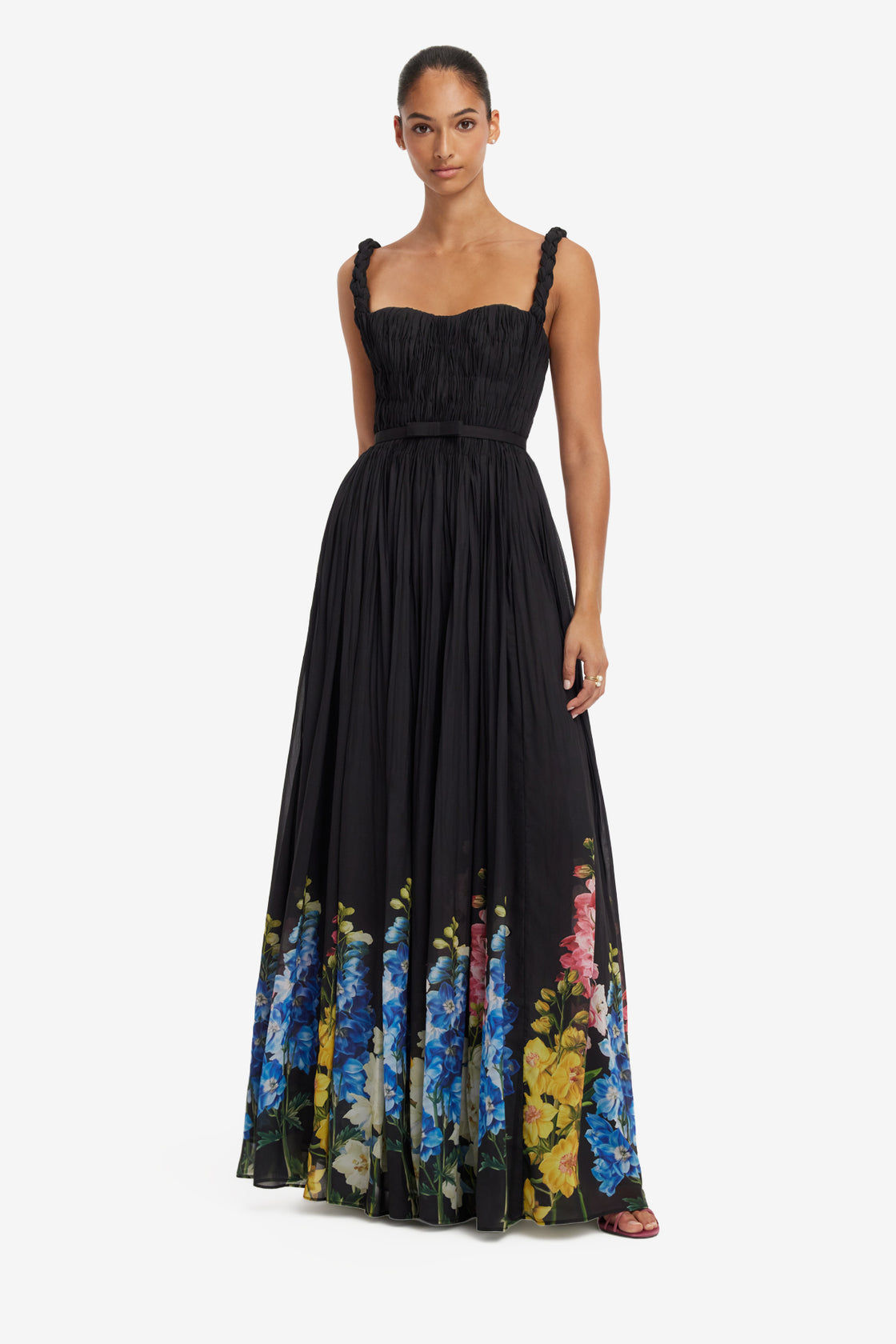 Angelina Ruffled Floor Length Dress - Snapdragon Print in Ebony Dress Maxi