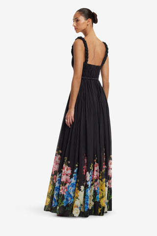 Angelina Ruffled Floor Length Dress - Snapdragon Print in Ebony Dress Maxi