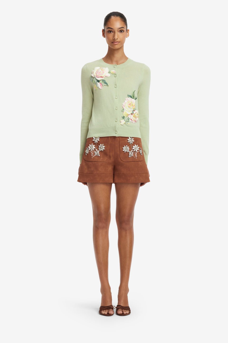Claire Embroidered Cashmere Blend Cardigan - Pistachio Rose Print Tops