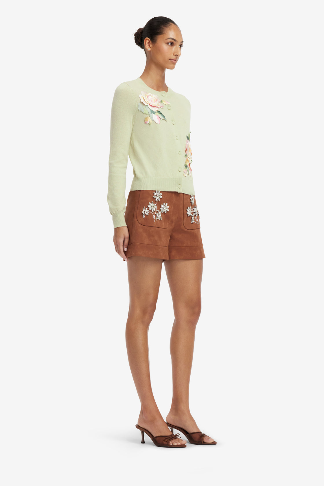 Claire Embroidered Cashmere Blend Cardigan - Pistachio Rose Print Tops