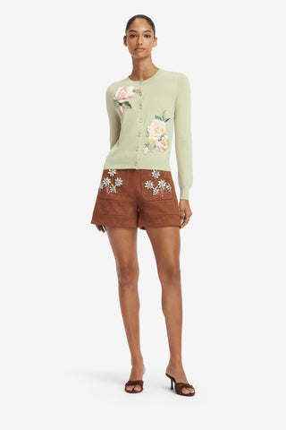 Claire Embroidered Cashmere Blend Cardigan - Pistachio Rose Print Tops