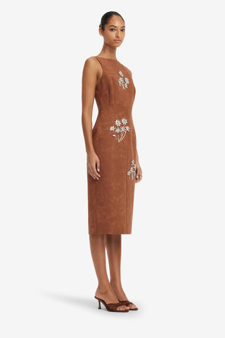 Eleanor Embellished Vegan Suede Midi Dress - Chestnut Dress Midi