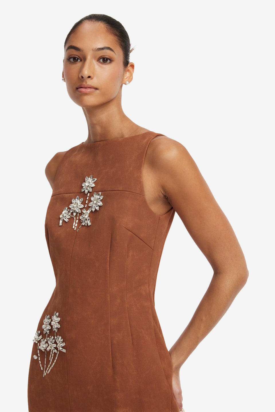 Eleanor Embellished Vegan Suede Midi Dress - Chestnut Dress Midi
