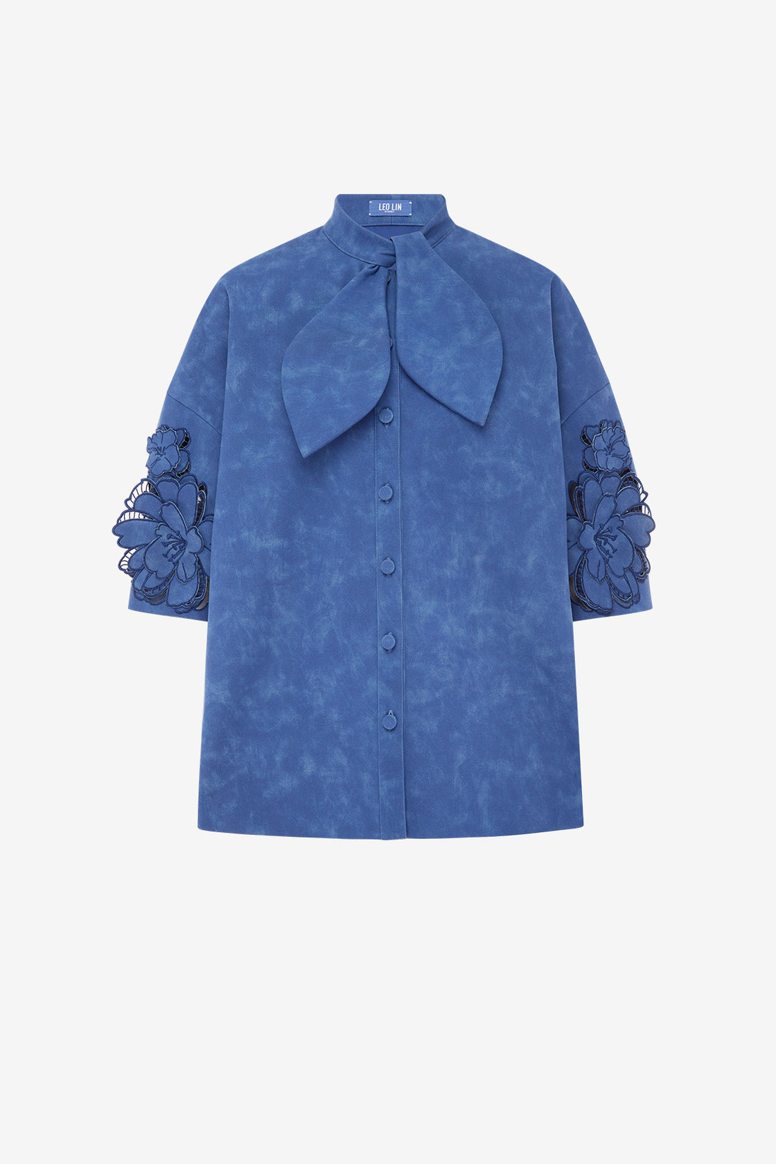 Brooklyn Applique Vegan Suede Bow Puff Sleeve Top - Azure Tops