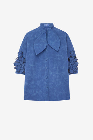 Brooklyn Applique Vegan Suede Bow Puff Sleeve Top - Azure Tops