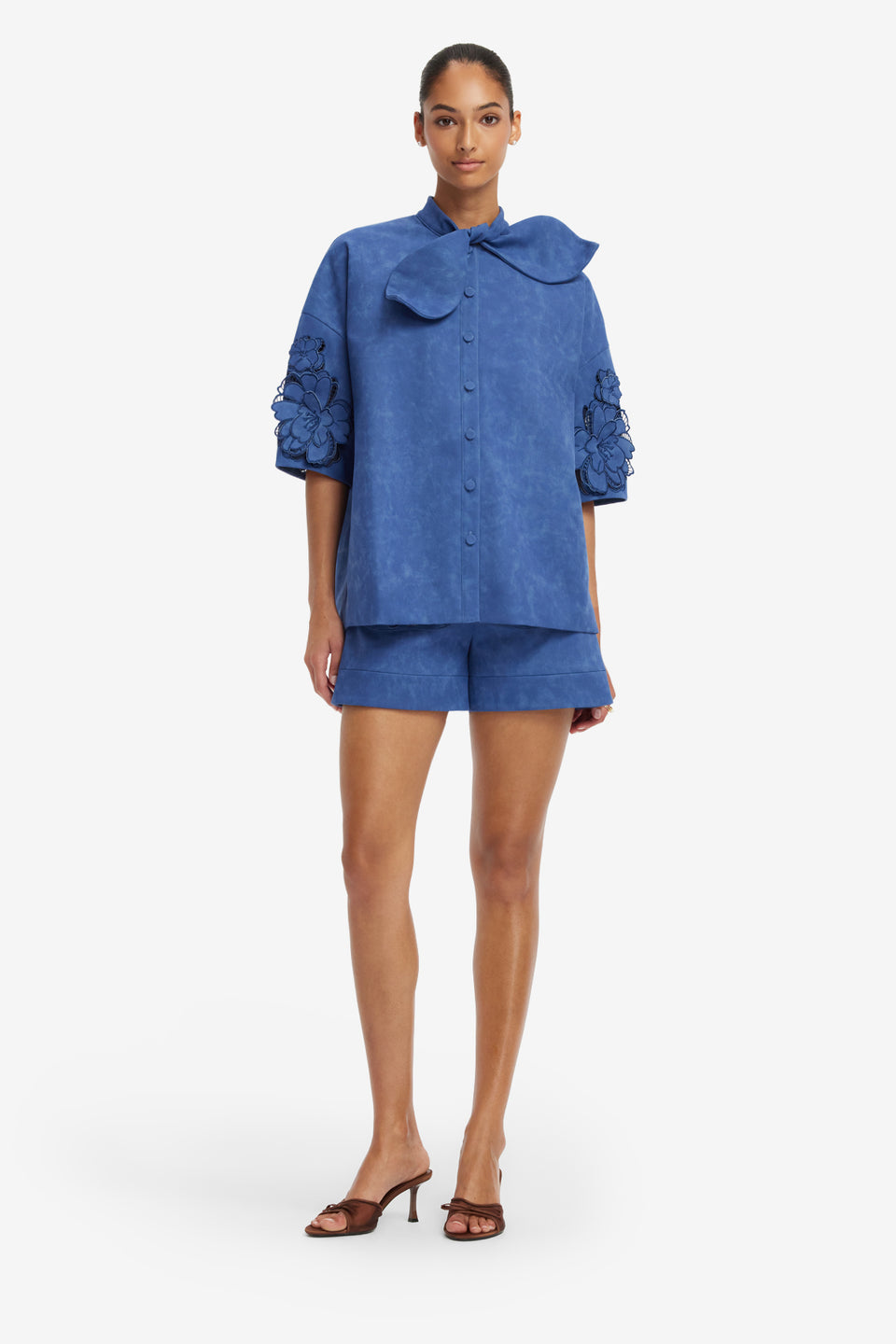 Brooklyn Applique Vegan Suede Bow Puff Sleeve Top - Azure Tops