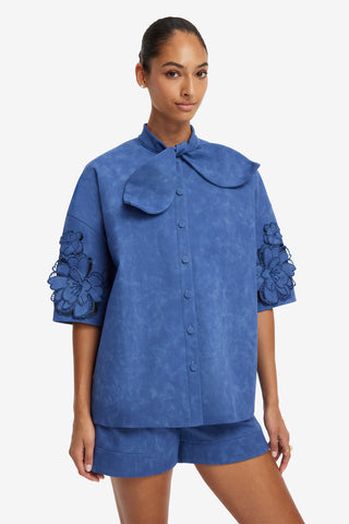 Brooklyn Applique Vegan Suede Bow Puff Sleeve Top - Azure Tops