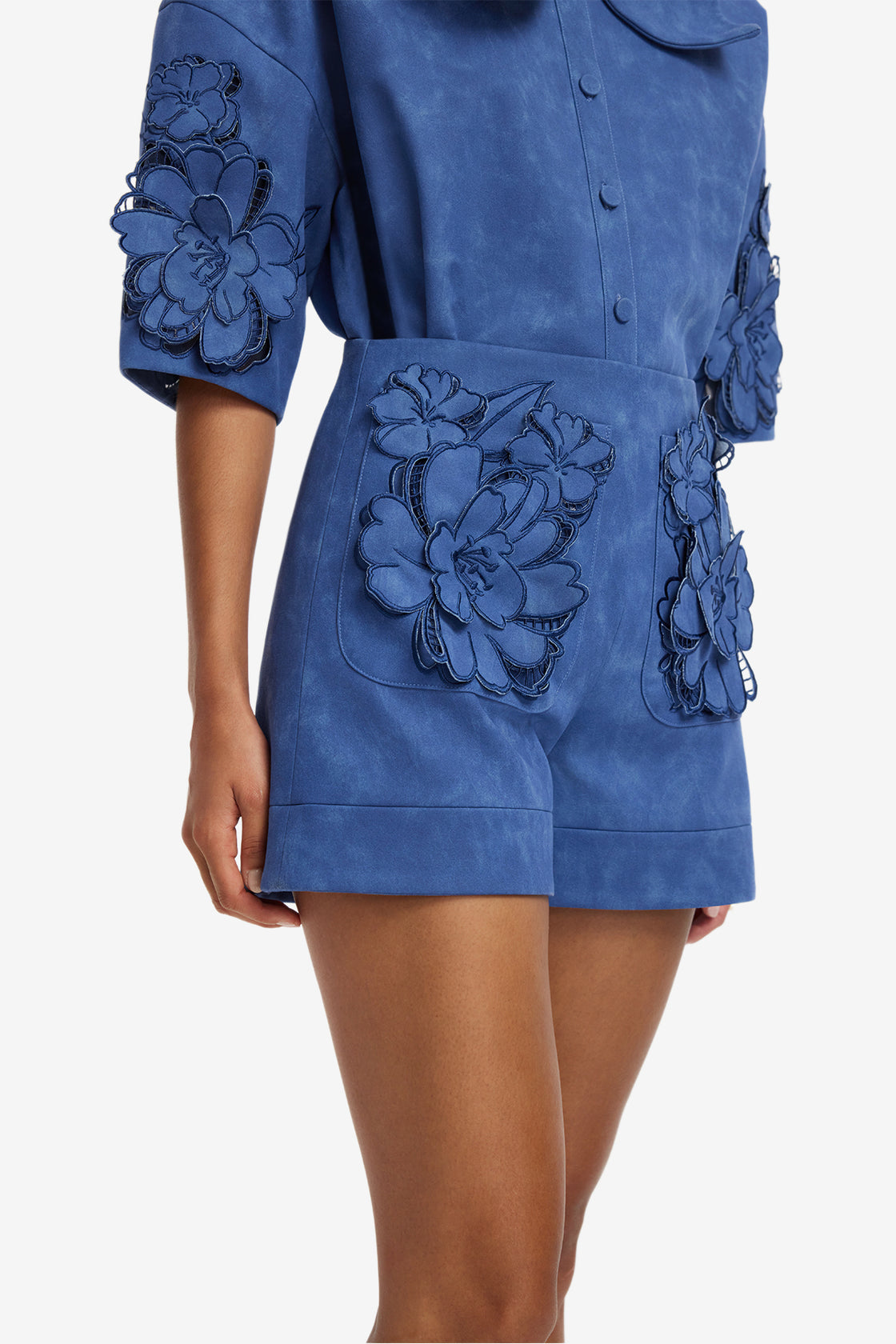 Tessa Applique Vegan Suede Shorts - Azure Shorts