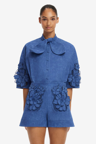 Brooklyn Applique Vegan Suede Bow Puff Sleeve Top - Azure Tops