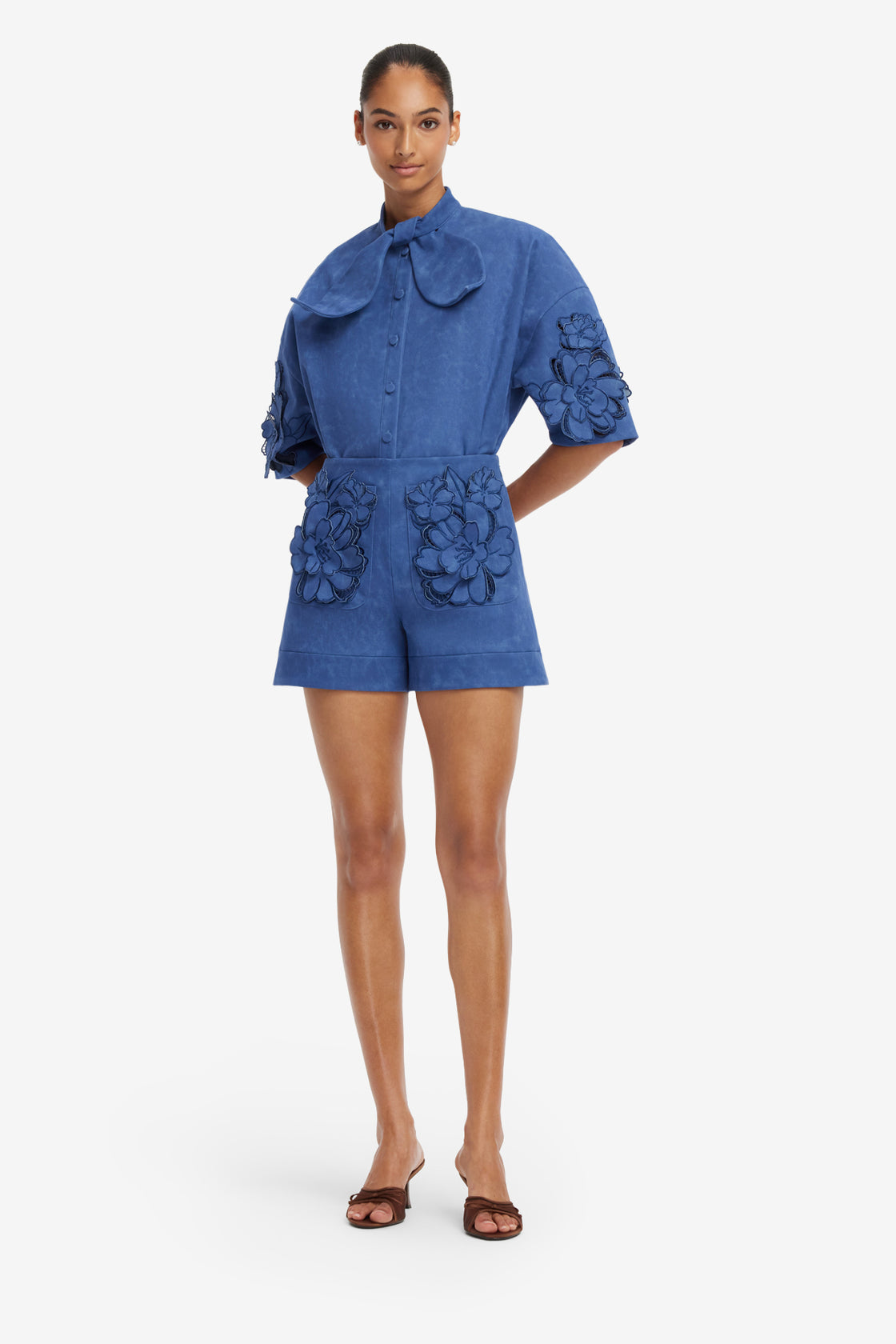 Tessa Applique Vegan Suede Shorts - Azure Shorts
