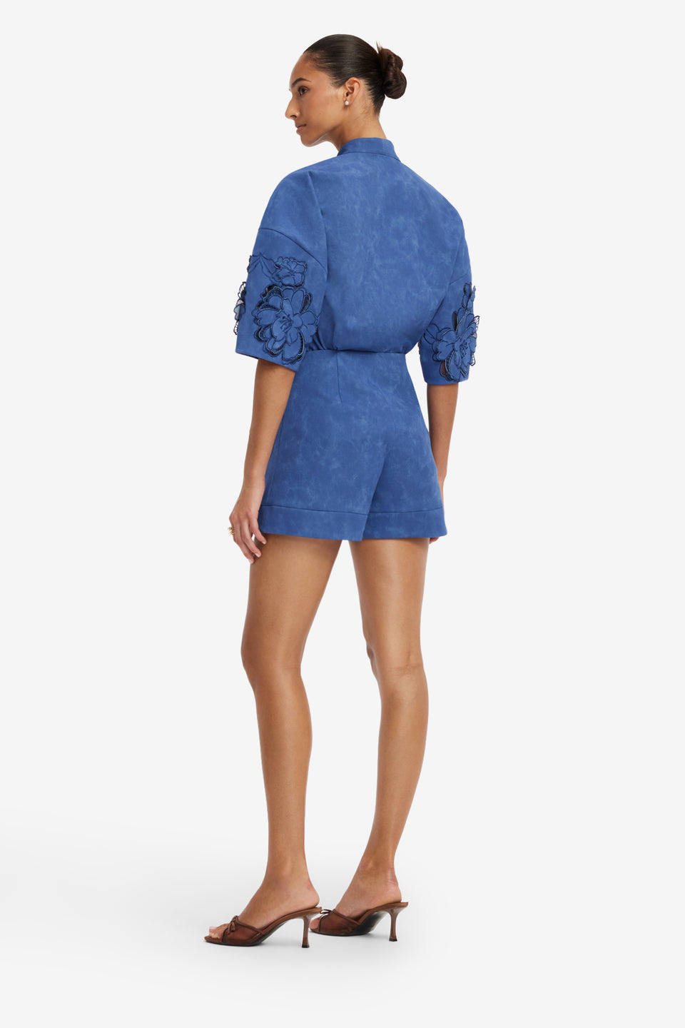 Brooklyn Applique Vegan Suede Bow Puff Sleeve Top - Azure Tops