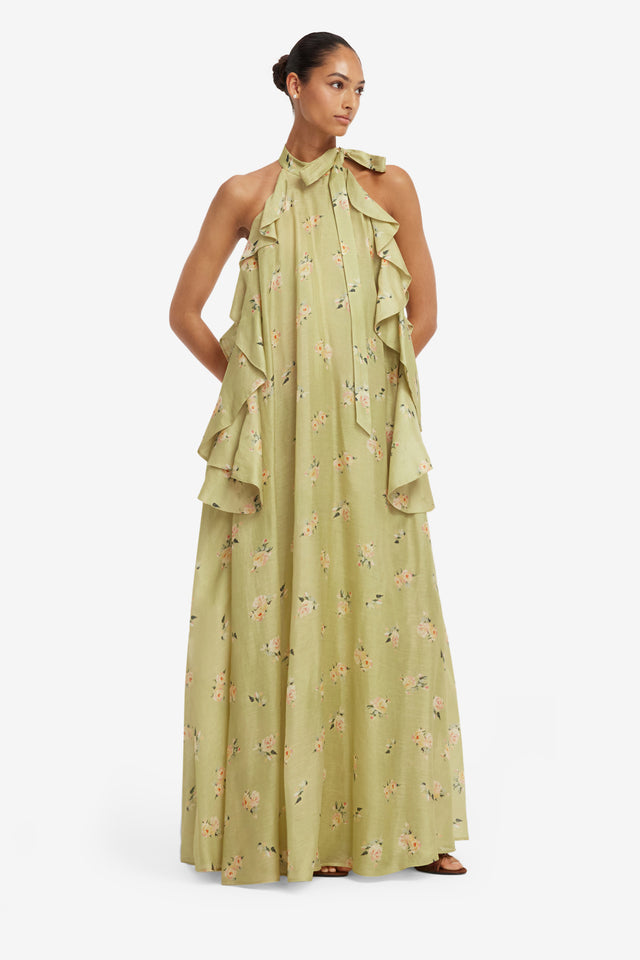 Anne Ruffled Maxi Dress - Pistachio Rose Print Dress Maxi
