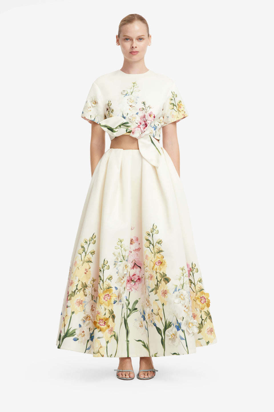 Victoria Embroidered Puff Maxi Skirt - Snapdragon Print in Snow Skirts