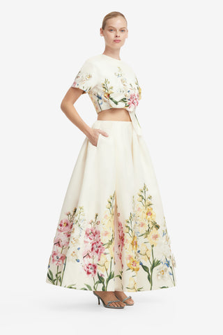 Victoria Embroidered Puff Maxi Skirt - Snapdragon Print in Snow Skirts
