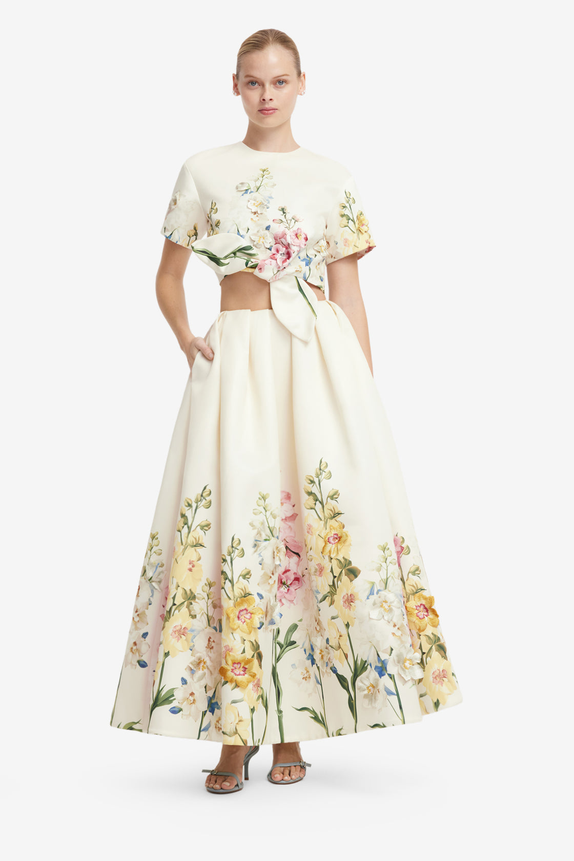 Victoria Embroidered Puff Maxi Skirt - Snapdragon Print in Snow Skirts