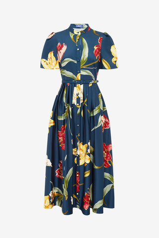Bianca Short Sleeve Midi Dress - Lily Print in Indigo Dress Midi