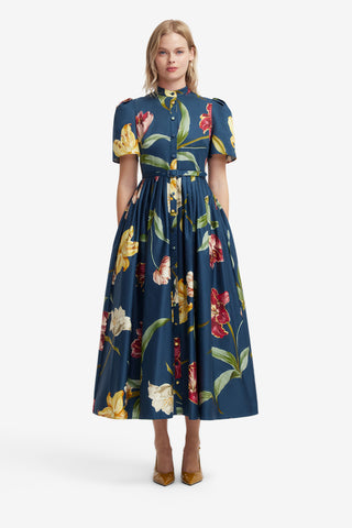 Bianca Short Sleeve Midi Dress - Lily Print in Indigo Dress Midi