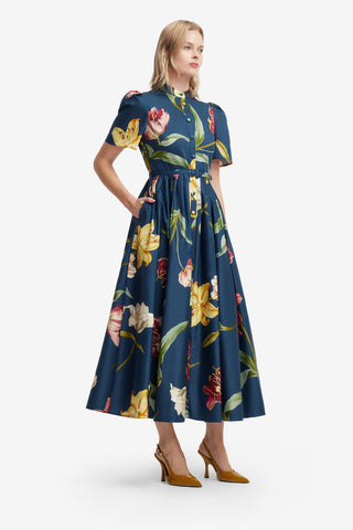 Bianca Short Sleeve Midi Dress - Lily Print in Indigo Dress Midi