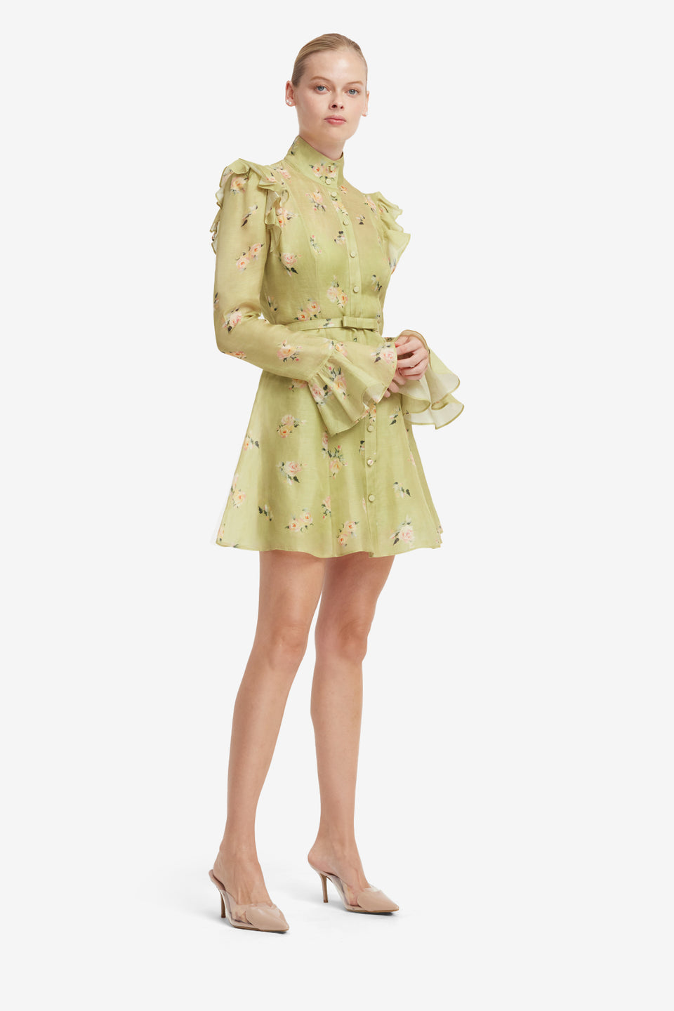 Kristy Butterfly Sleeve Mini Dress - Pistachio Rose Print Dress Mini