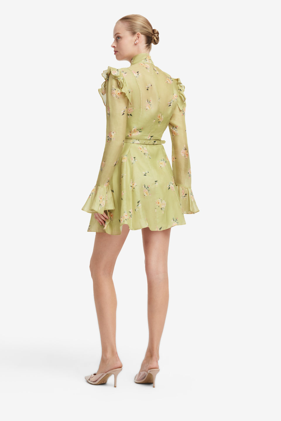 Kristy Butterfly Sleeve Mini Dress - Pistachio Rose Print Dress Mini