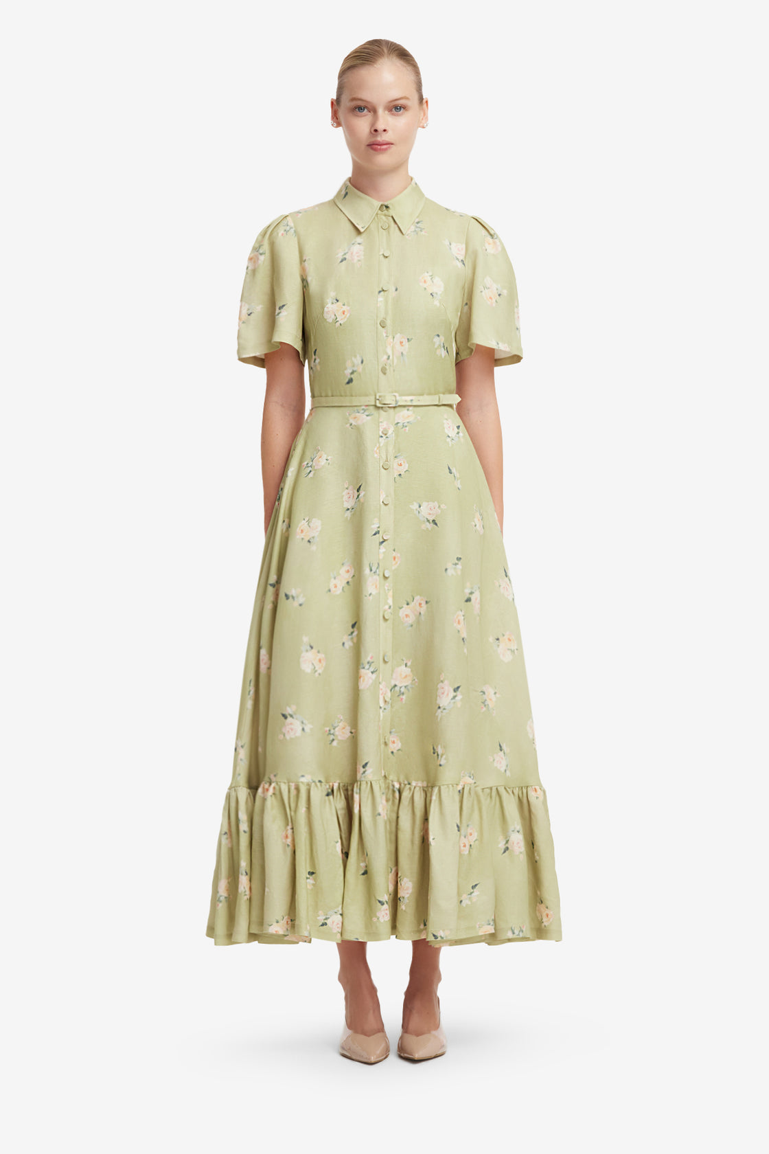 Becca Short Sleeve Midi Dress - Pistachio Rose Print Dress Midi