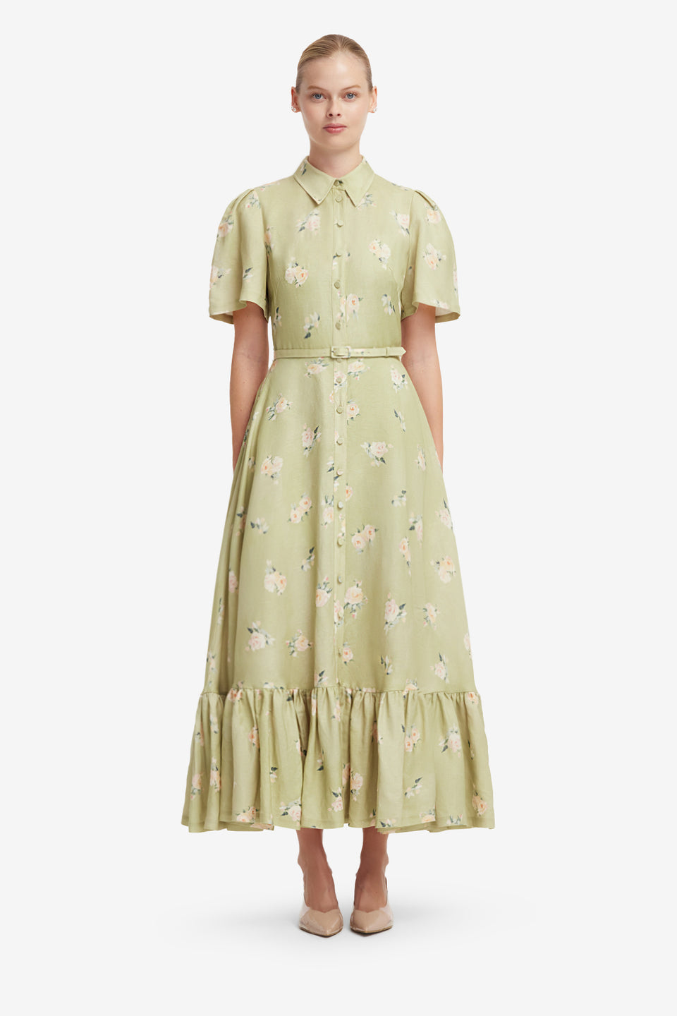 Becca Short Sleeve Midi Dress - Pistachio Rose Print Dress Midi