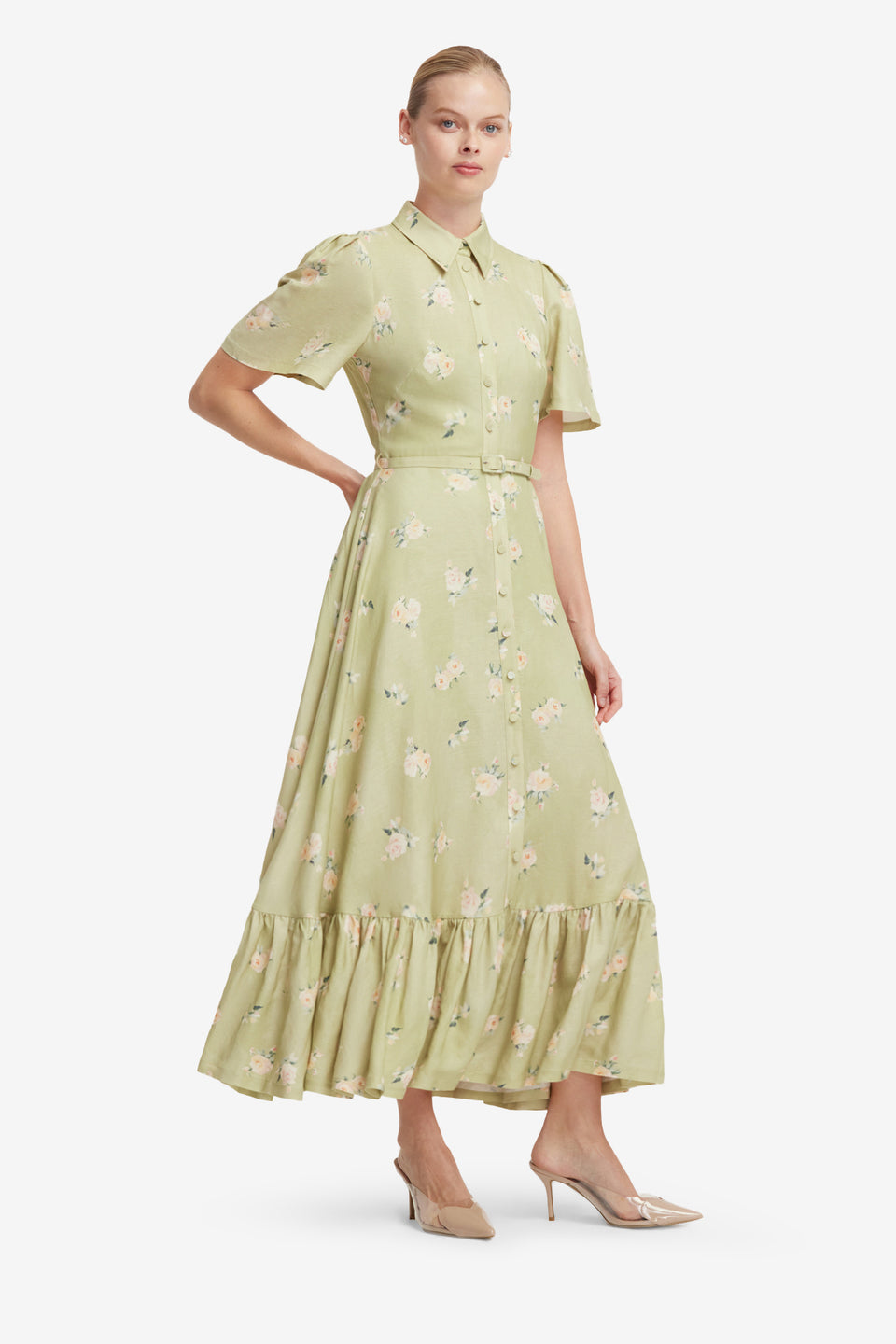 Becca Short Sleeve Midi Dress - Pistachio Rose Print Dress Midi