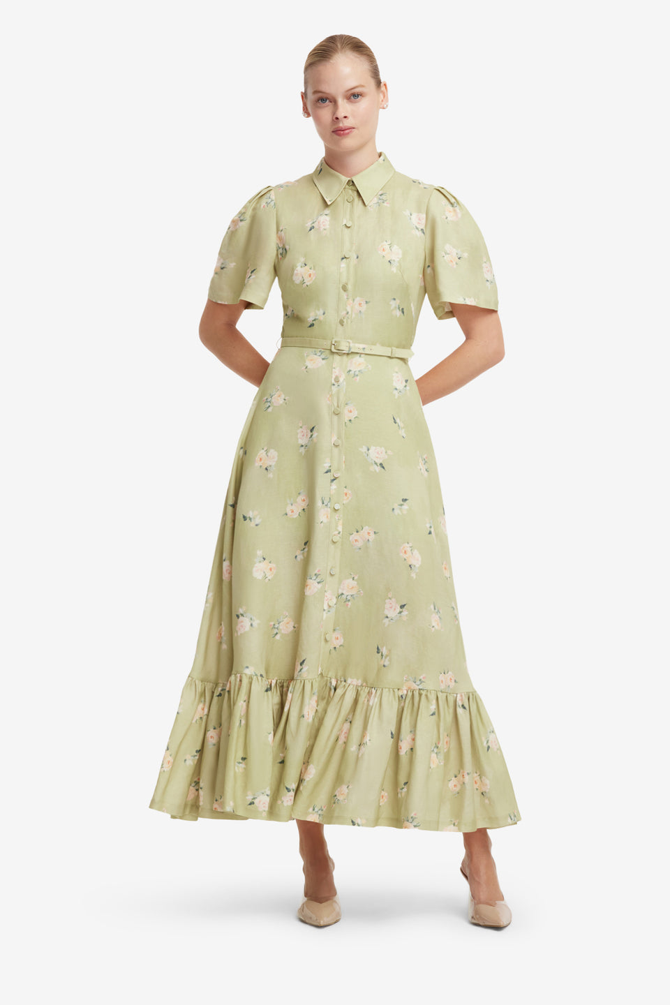 Becca Short Sleeve Midi Dress - Pistachio Rose Print Dress Midi