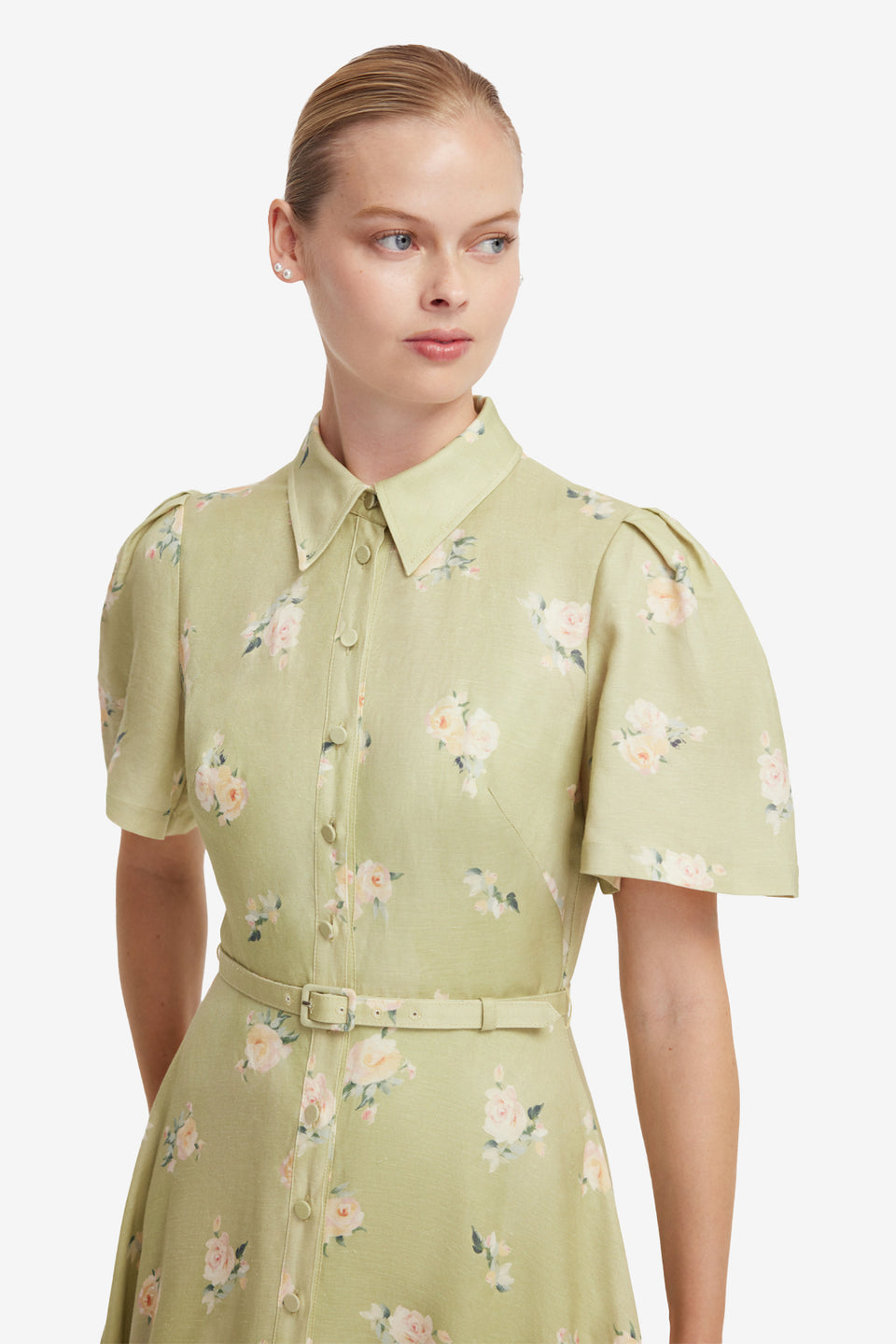 Becca Short Sleeve Midi Dress - Pistachio Rose Print Dress Midi